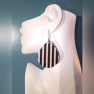 Teardrop Shaped handmade earrings - Black and white stripe with shimmery glitter